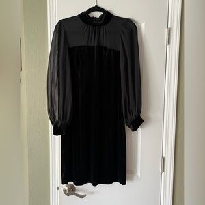 Elegant Black Velvet Midi Dress with Sheer Sleeves Large